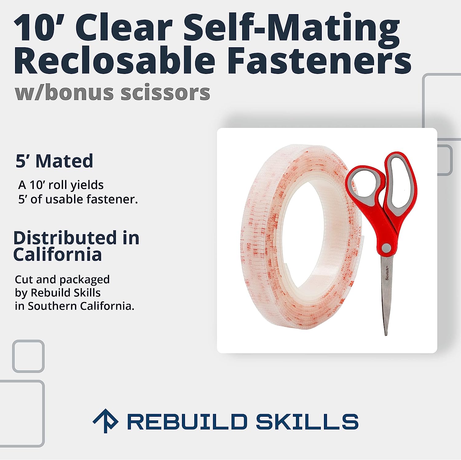 Scotch Clear Self-Mating Reclosable Fastener 250, 1” x 10’ Ft with Scissors for DIY, Pedal Boards, Home, Office, Frames - Image 2
